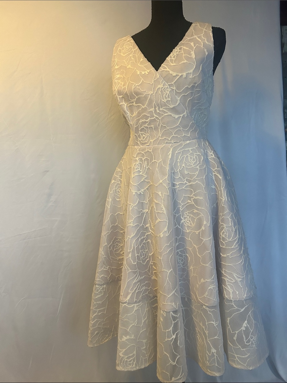 Adrianna Papell Cream Floral Lace V-Neck Midi Dress